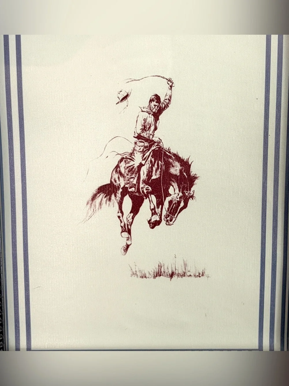 Cowboy Bucking Bronco Horse Rodeo Canvas Art Print Blue Stripe Framed Wall Art